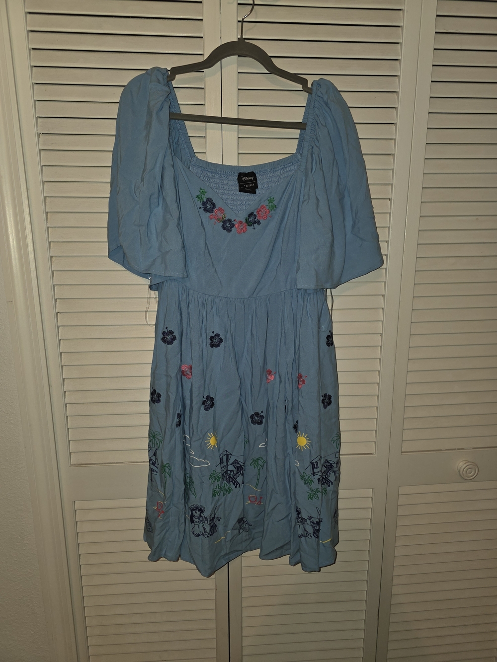 NWOT Boxlunch Lilo and Stitch Light Blue Embroidered Puff-Sleeve Sundress